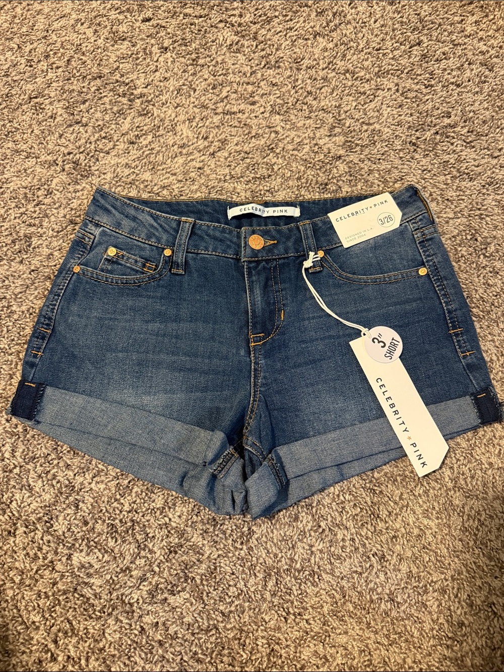 Celebrity Pink Medium Wash Cuffed Denim Shorts - Blue
